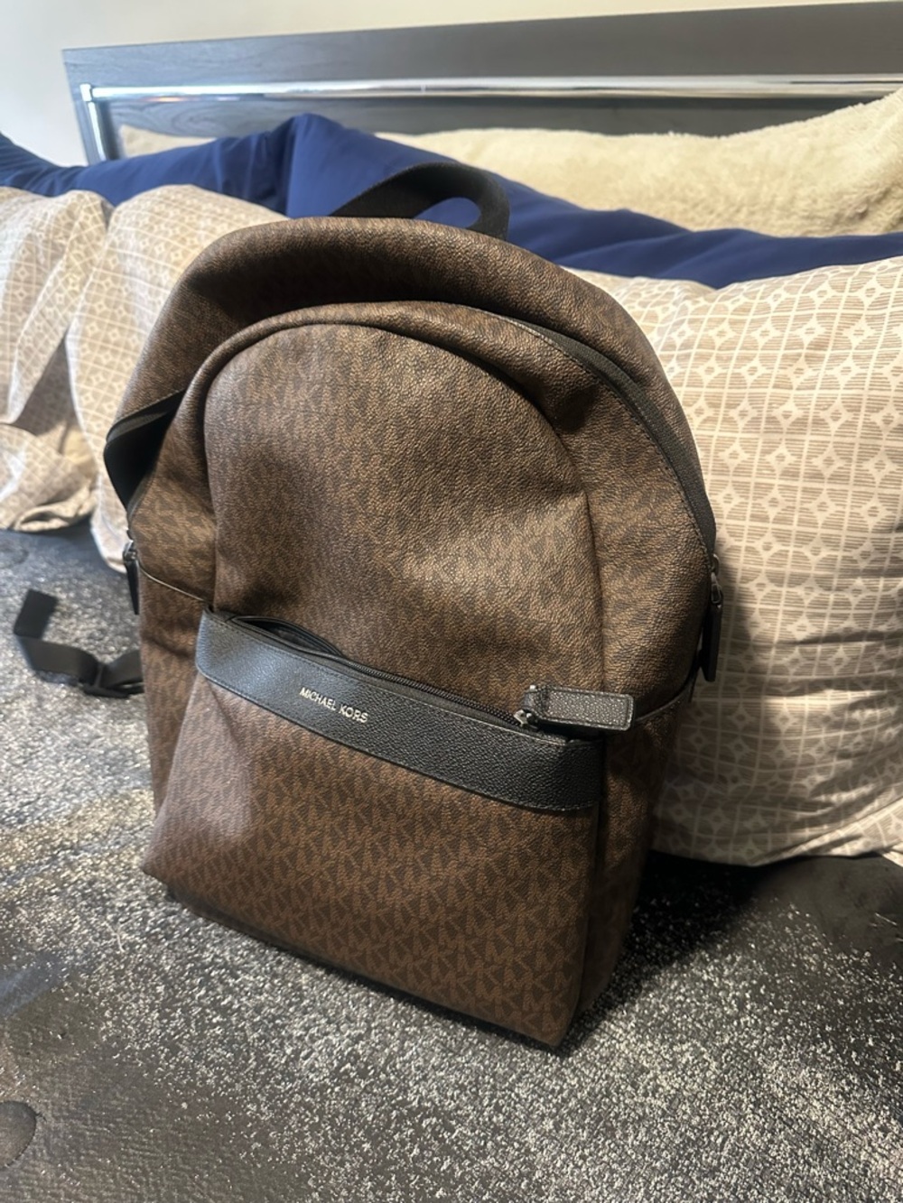 Michael Kors Brown Monogram Backpack with Black Trim